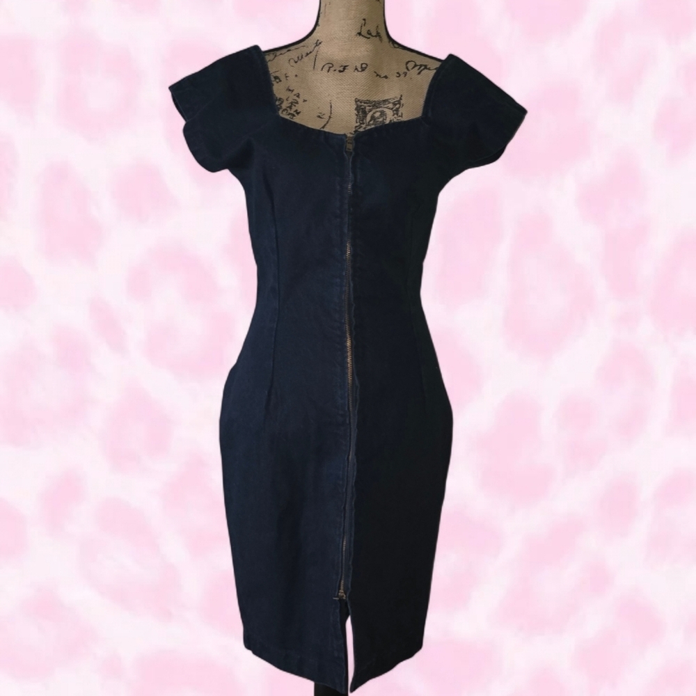 VINTAGE PARIS BLUES Denim Zip Up Midi Dress Size 9